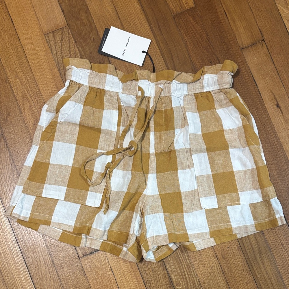 Who What Wear High Waist Gingham Shorts in Mustard and White